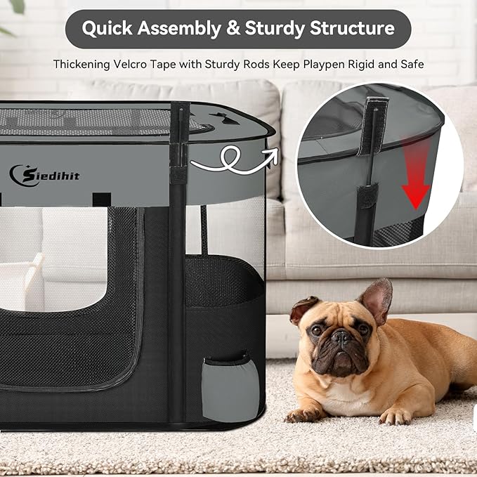 Dog Cat Playpen, Pet Puppy Portable Pens for Outdoor Travel Crate, Indoor After Surgery Use, Foldable Dog Kennel Tent for Rabbit or Small Animals and Tent Stakes (Dark Grey, Lagre)