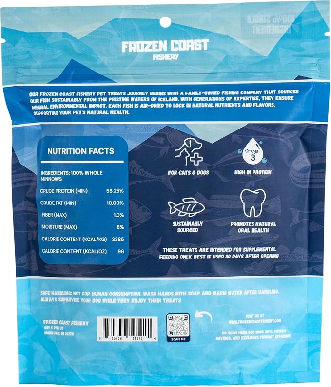 Frozen Coast Freeze-Dried Minnows Dog and Cat Treats-Single-Ingredient, All-Natural Fish, Grain-Free, High Protein Pet Treats, Sourced in The USA - 2.5 oz Bag