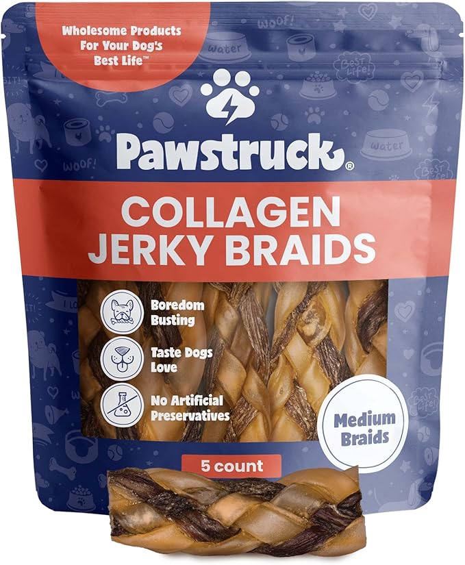 Pawstruck 2-in-1 Collagen Wrapped Jerky Natural Treats for Dogs - 5 Medium Braids - Limited Ingredient Grain Free for Small, Medium, and Large Dogs