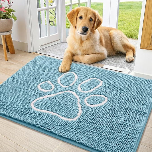 Smiry Dog Door Mat for Muddy Paws, Absorbent Dirt Trapper Non Slip Quick Dry Washable Chenille Mat for Mud Dogs, Entry Rug for Indoor and Outdoor (36x24 Inches, Sky Blue)