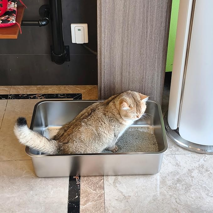 Stainless Steel Litter Box -6in High Side,Metal Litter Box for Cat/Kitty/Rabbits 17" L x 13.8" W x 6" H，Stainless Steel Cat LitterBox-Metal PanToilet,No Smell, Non Stick, Easy Clean.