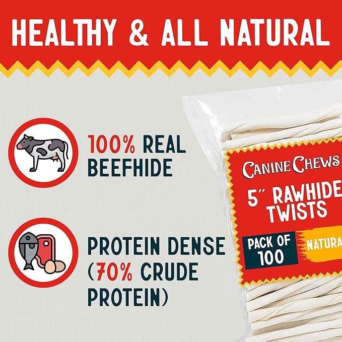 Canine Chews Small Rawhide Twists for Dogs - Pack of 100 5" Dog Treat Stick Twist Beef Dental Chew Dog Toy for Small Dogs and Puppies - Natural Dog Rawhide Sticks