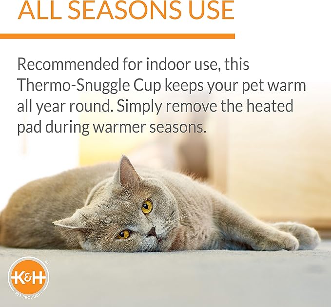 K&H Pet Products Heated Cat Bed Indoor, Thermo-Snuggle Cup Bomber Soft Heated Pet Bed for Large Indoor Cats and Small Dogs, Machine Washable, Waterproof Heated Pad, Safety Listed - 14x18in Gray