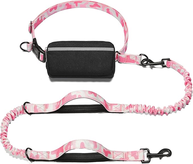 iYoShop Hands Free Dog Leash with Zipper Pouch, Dual Padded Handles and Durable Bungee for Walking, Jogging and Running Your Dog (White-Pink Mix, Large)