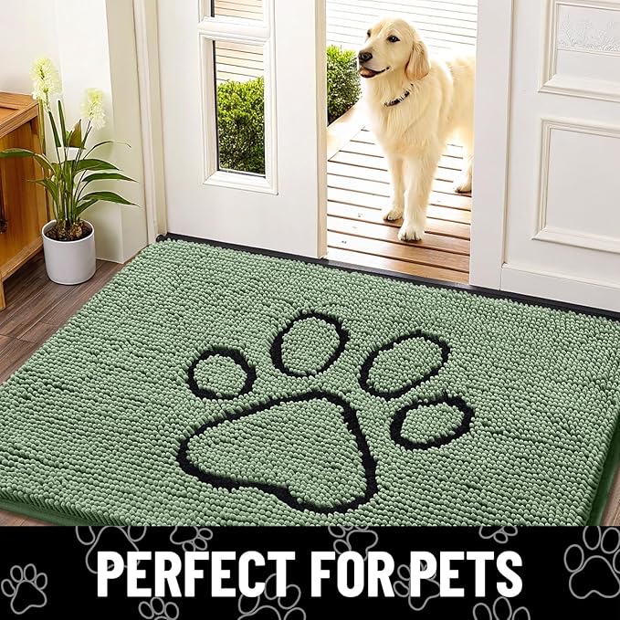 Smiry Dog Door Mat for Muddy Paws, Absorbent Dirt Trapper Non Slip Quick Dry Washable Chenille Mat for Mud Dogs, Entry Rug for Indoor and Outdoor (48x30 Inches, Olive Green and Black)