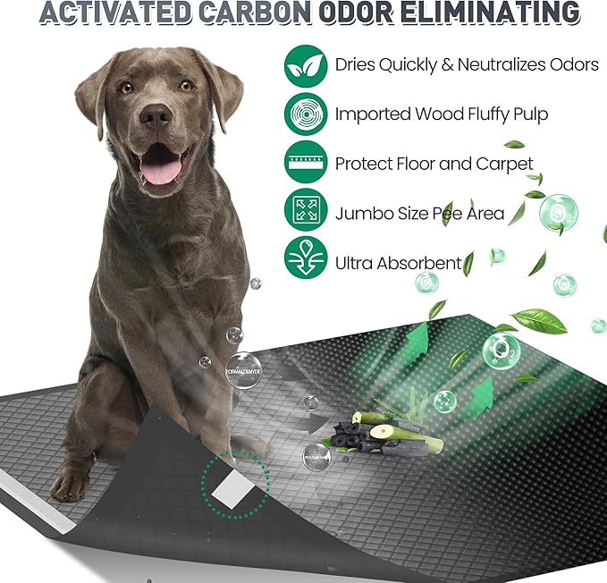 Boscute Odor-Control Super Absorbency Charcoal Puppy Pads, XXL 30"x36" Leak-Proof Pet Training Pee Pads with Adhesive Sticky Tape, Disposable Potty Pads for Dogs Cats Macaw, Black