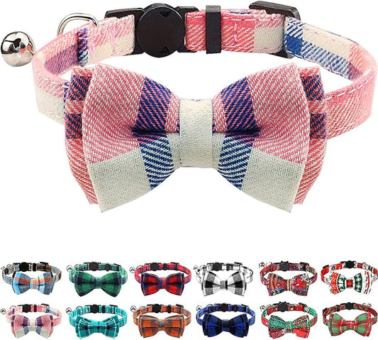 Joytale Upgraded Cat Collar with Bells, Breakaway Cat Collars with Bow Tie, 1 Pack Girl Boy Safety Plaid Kitten Collars, Pink