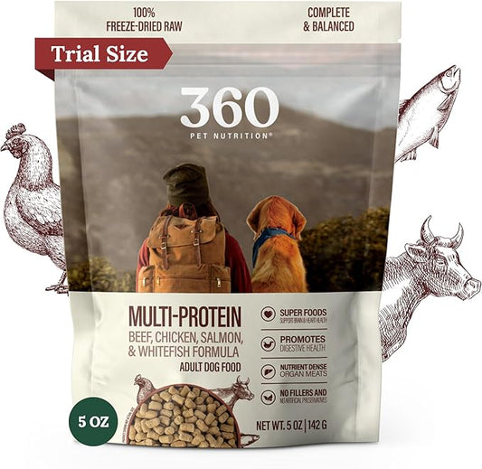 360 Pet Nutrition Freeze-Dried Raw Dog Food – Multi-Protein with Beef, Chicken, Fish, Liver & Organs, High Protein, Omega-3s, Fruits, Veggies & Superfoods, Grain-Free, No Fillers, 5 oz – Made in USA