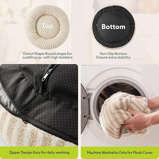 MIXJOY Donut Dog Bed for Small Dogs, Washable Donut Small Puppy Bed, Round Cat Beds with Anti Slip Bottom, Calming Dog Beds with Removable Zipper Cover, 23"x23"x8", White