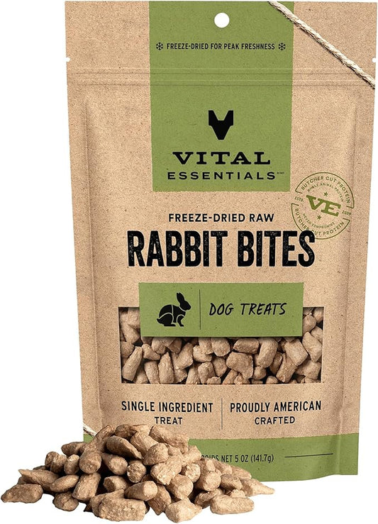 Vital Essentials Rabbit Bites Dog Treats, 5 oz | Freeze-Dried Raw | Single Protein | Premium Quality High Protein Training Treats | Grain Free, Gluten Free, Filler Free
