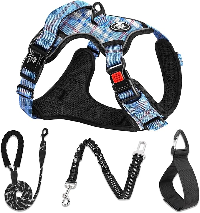 NESTROAD No Pull Dog Harness with Leash, Reflective No Choke Pet Vest Harness,Adjustable Soft Padded Dog Harness with Easy Control Handle for Large Dogs(Checkered Blue,Large)