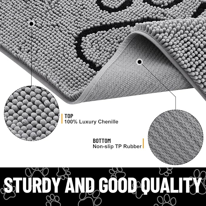 Smiry Dog Door Mat for Muddy Paws, Absorbent Dirt Trapper Non Slip Quick Dry Washable Chenille Mat for Mud Dogs, Entry Rug for Indoor and Outdoor (34x21 Inches, Grey and Black)