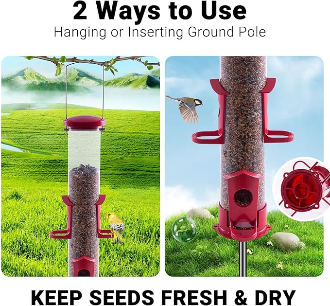 Tube Bird Feeder for Outdoors Hanging Finch Feeders for Outsides Metal 4 Ports & U Perches Squirrel Chew Proof, Removable Base, Easy to Fill & Clean, Red Attracts More Wild Birds