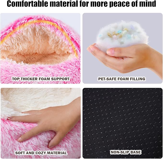 Cat Beds for Indoor Cats,Cat Cave for Puppy and Kitty,Calming Small Dog Bed for Small Dogs with Cover Cave,Cozy Warming Fluffy Washable Anti-Slip Pet Sleeping Bag(24 * 24inch,Pink)