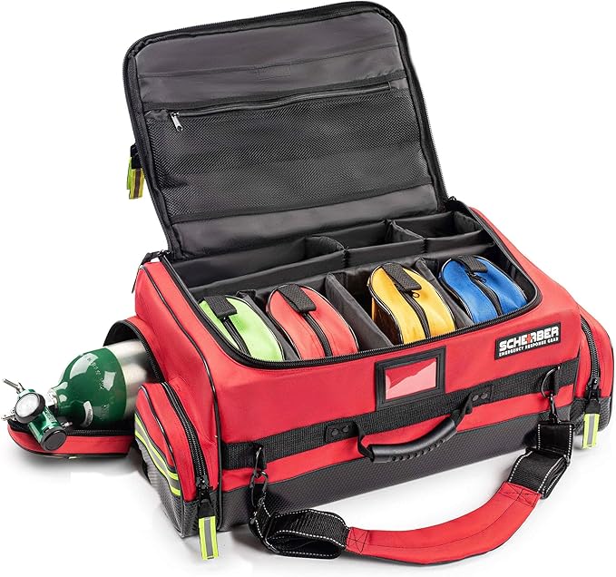 Scherber Fully-Stocked Premium First Responder Bag | HSA/FSA Approved | Large Pro EMT/EMS Trauma, Bleeding & Oxygen Medical Kit | CAT Tourniquet, HyFin Chest Seal & 250+ First Aid Supplies (Red)