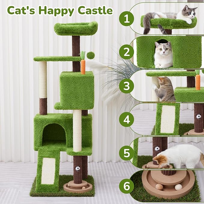 55in Tall Cat Tree Tower with Cat Toys for Indoor Multi-Level Cozy Large Cat Tree with Condo Top Perch and Sisal Scratching Posts, Green Cat Tower for Kitty and Adult Cats