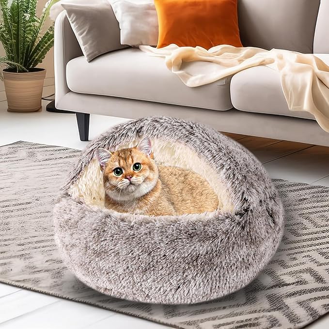 Cat Beds for Indoor Cats,Cat Cave for Puppy and Kitty,Calming Small Dog Bed for Small Dogs with Cover Cave,Cozy Warming Fluffy Washable Anti-Slip Pet Sleeping Bag(24 * 24inch,Khaki)