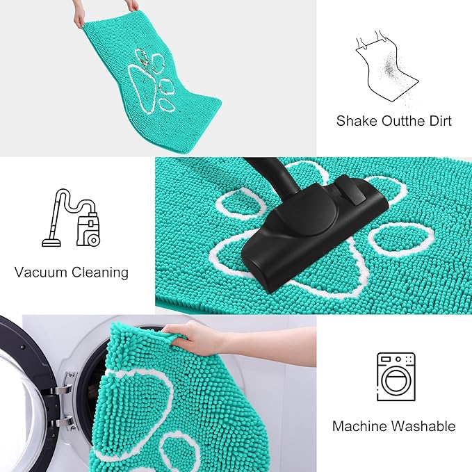 Smiry Dog Door Mat for Muddy Paws, Absorbent Dirt Trapper Non Slip Quick Dry Washable Chenille Mat for Mud Dogs, Entry Rug for Indoor and Outdoor (30x20 Inches, Turquoise)