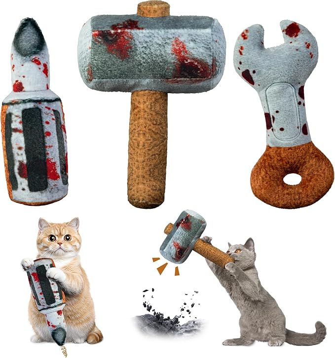 Cat Toys Funny Tools 3 Pcs, Horror Adult Cat Enrichment Catnip Toys with Crinkle Sound, Realistic Design Gifts for Bored Indoor Exercise, Halloween, Photo Moments (6.57")