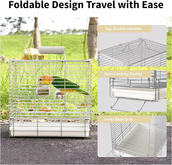 Bird Carrier Travel Cage - 304 Stainless Steel Portable Folding Bird Travel Cage with Parrot Feeder Cups & Standing Perch for Smaller Birds Conures Lovebird Cockatiel Parakeets (White)