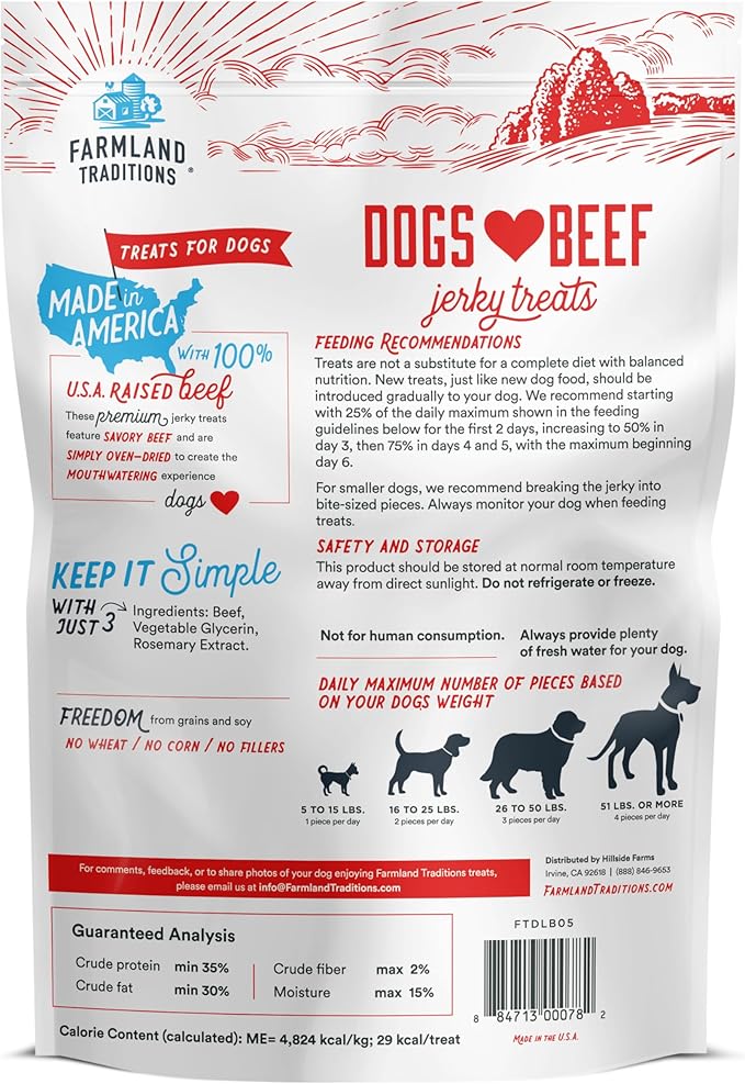 Farmland Traditions Dogs Love Beef Jerky Dog Treats with Only 4 Ingredients and No Fillers, 5 Ounce Bag