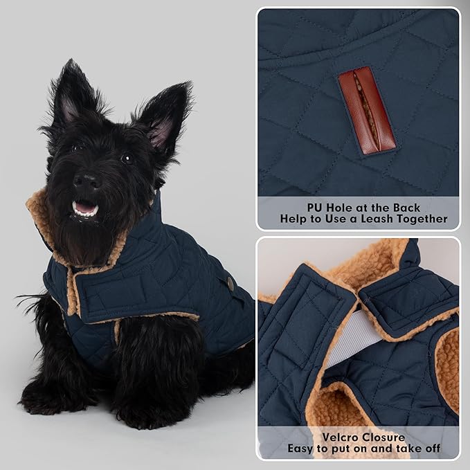 azuza Dog Jacket Waterproof & Windproof Dog Coat for Small Dogs with Thick Fleece, High Collar with Leash Hole, Adjustable Velcro & Elastic Belly, Navy, S