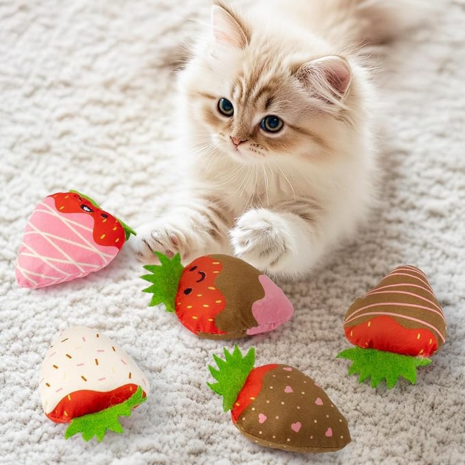 MALLMALL6 Catnip Toys for Cat - 5Pcs Strawberry Chocolate Crinkle Paper Sound Catmint Toy Gift for Indoor Kitten, Teething Chew Kick Interactive Kitty Supplies, Soft Candy Pet Present for Kitten Lover
