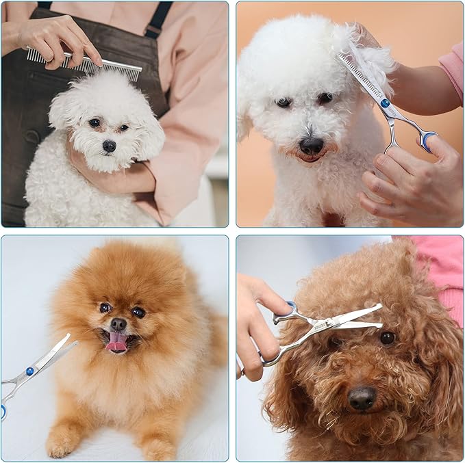 GEMEK Professional Grooming Scissors for Dogs with Safety Round Tips, Dog Grooming Scissors Set - Thinning, Straight, Curved Shears and Comb for Long Short Hair for Dog Cat Pet (Blue-5 in 1)