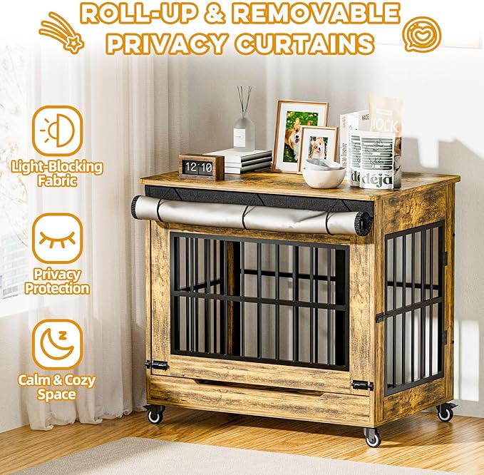 32" Dog Crate Furniture, Double Door Wooden Indoor Dog Kennel Furniture, Decorative Pet Cage End Table with Wheels for Medium and Small Breed Dogs, Size M, Rustic Brown