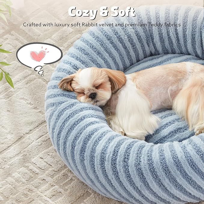 MIXJOY Calming Dog Beds Large Sized Dogs - Washable Donut Large Dog Bed with Removable Zipper Cover, Round Fluffy Plush Faux Fur Pet Bed with Anti-Slip Bottom, 36"x36"x10", Blue