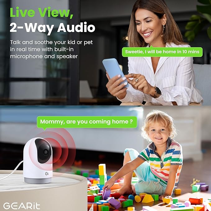 GEARit Smart Camera - Wireless Indoor Security Camera with Audio/Video for Home - Pet/Indoor Security - Ideal Home Monitoring, House Cameras, Dog Camera, No Subscription Needed