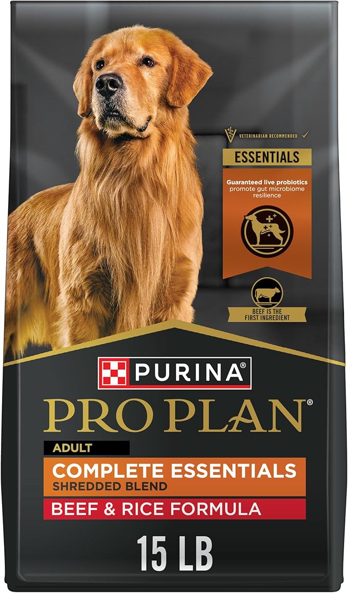 Purina Pro Plan Complete Essentials Shredded Blend Beef and Rice Dog Food Dry Formula with Probiotics for Dogs - 15 lb. Bag