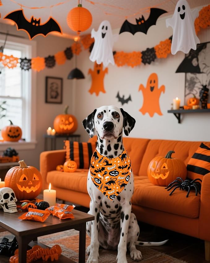 PET SHOW 100 Pack Halloween Large Dog Bandanas Bulk No Seam Pumpkin Ghost Triangle Bibs Scarves XL for Male Female Pets Adjustable Grooming Kerchiefs for Extra Large Dogs Costume Accessories(Large)