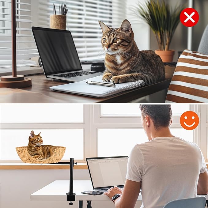Large Cat Desk Bed, 360°Rotating & Adjustable,Supports 45 lbs,2 Seasonal Replacement Pad, Modern Indoor Cat Nest Furniture for Office Desks and Game Tables, Island Table