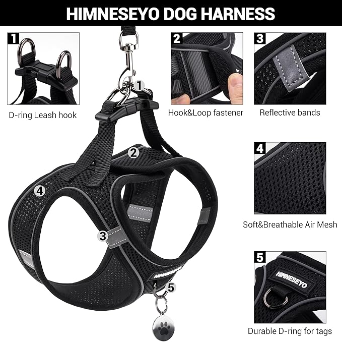 Dog Harness and Leash Set, Dog Harness for Dogs No Pull, No-Chock Step-in Reflective Breathable Lightweight Easy Walk Vest Harnesses with Safety Buckle for Small Medium Dogs, Cats (Black, XS)