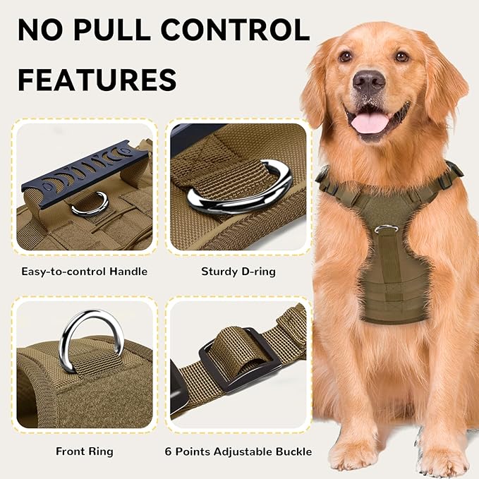 Tactical Dog Harness for Large Dogs,No Pull Adjustable Tactical Dog Harness and Leash Set,Reflective Dog Vest Harness for Training and Walking,Brown L