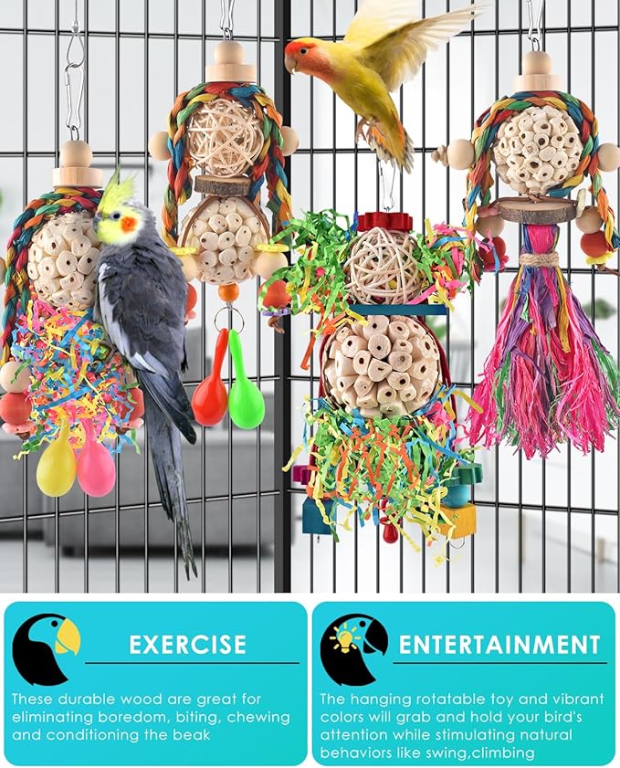 Bissap Conure Toys, 4 PCS Bird Parrot Foraging Shredder Hanging Toys Sola Balls with Sand Hammer for Small Parrots Parakeets Conures Cockatiels Love Birds Cage Toy