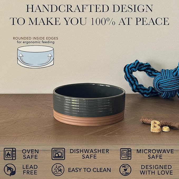 Mora Ceramic Pet Bowl Size Medium - Food/Water Dish for Large Puppies, Cats, Retrievers, Medium Sized Dogs, ect. 28oz or 4 Cups - Basic Bowls for Your Dog or Cat, Mix and Match for a Set - Charcoal