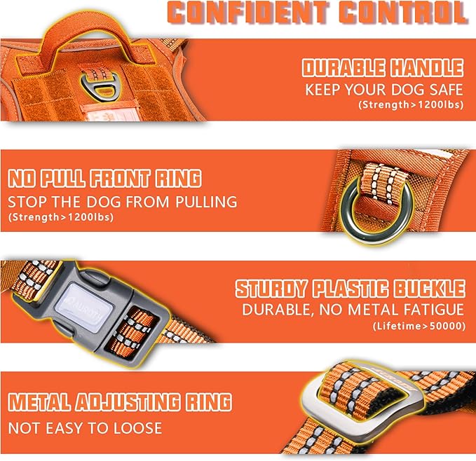 AUROTH Tactical Dog Harness for Large Dogs No Pull Adjustable Pet Harness Reflective K9 Working Training Easy Control Pet Vest Military Service Dog Harnesses Orange XL