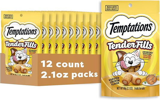 Temptations Tender Fills Crunchy and Soft Adult Cat Treats, Roasted Chicken Flavor, 2.1 oz. Pouch (Pack of 12)