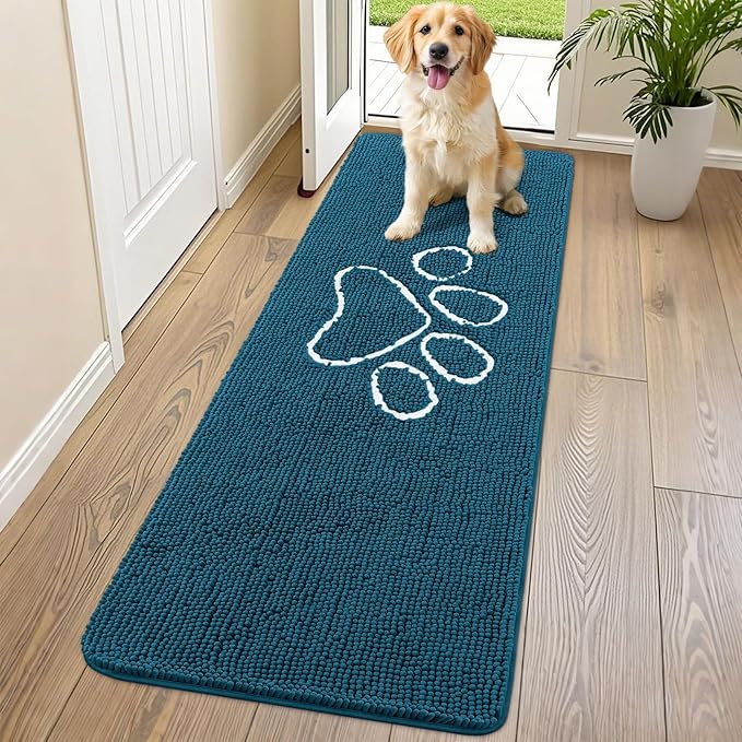 Smiry Dog Door Mat for Muddy Paws, Absorbent Dirt Trapper Non Slip Quick Dry Washable Chenille Mat for Mud Dogs, Entry Rug for Indoor and Outdoor (70x24 Inches, Atlantic Blue)