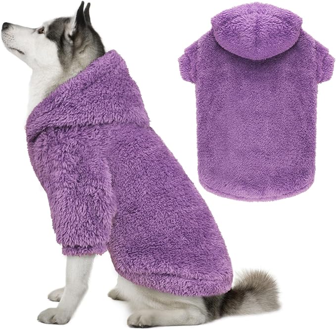 Fuzzy Dog Hoodie Dog Sweaters for Large Dogs Soft Double-Sided Plush Fleece Pet Sweater Pet Clothes Coats Hoodie Sherpa Hooded Sweatshirt(Purple-XXL)