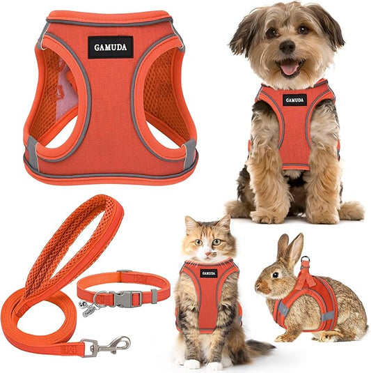 GAMUDA Small Pet Harness Collar and Leash Set, Step in No Chock No Pull Linen Fabric Soft Mesh Dog Vest Harnesses Reflective for Dogs Puppy Cats Kitten Rabbit (Orange, XXS)