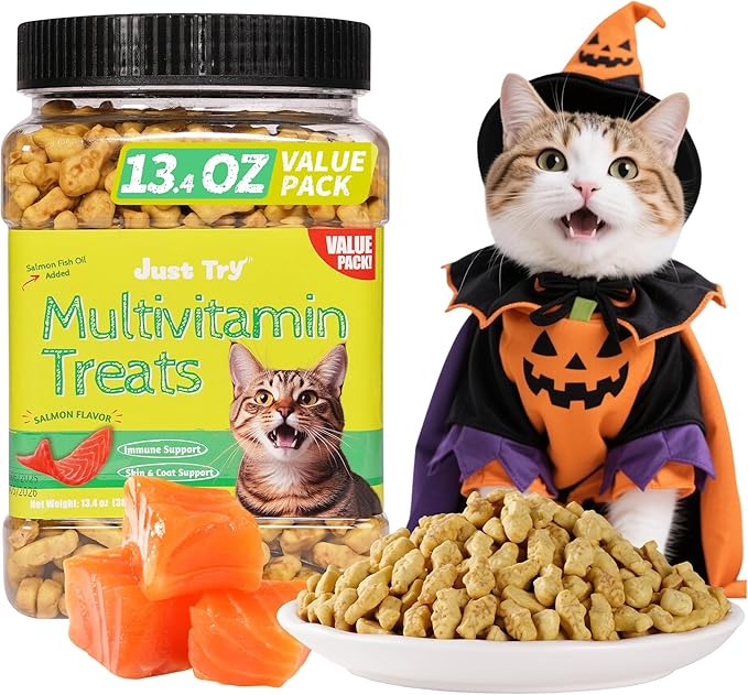 Just Try 13.4 OZ Cat Multivitamin Crunchy Chews Treats for Health and Immune Cat Joint Support Skin & Coat & Digestion Vitamins Supplements Biscuits Snacks