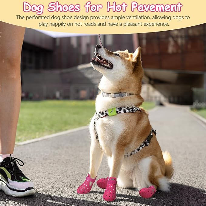 Dog Shoes for Hot Pavement Non-Slip Waterproof Dog Shoes for Medium Dogs Large Size Dogs Easy ON & Off Adjustable Easy-Clean for Beach Outdoor (Rose Pink, Size L: (3.5x2.63’’)(L*W))