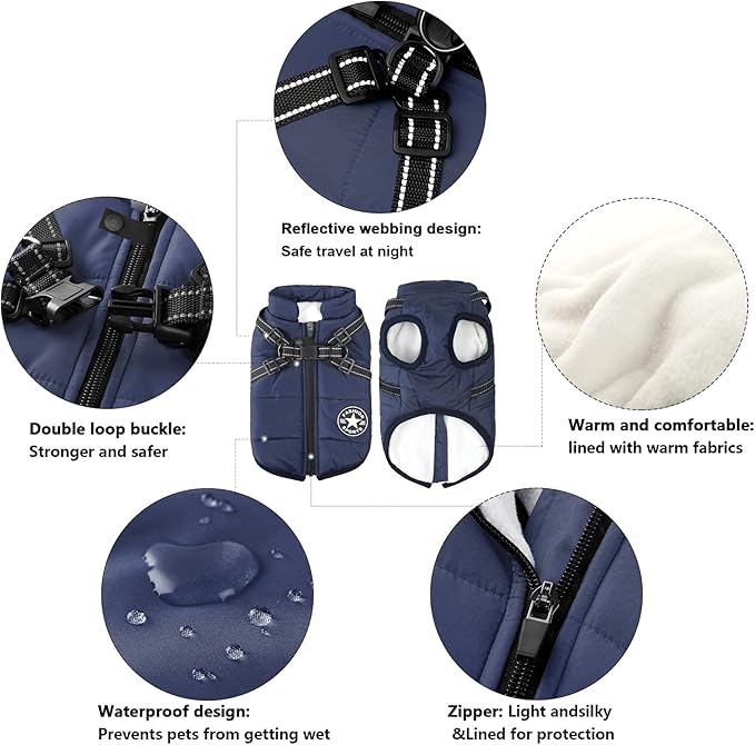 Aiboria Dog Jackets for Winter Windproof Waterproof 2 in 1 Outfit Cold Weather Coat Dog Vest Harness Puppy Winter Warm Jacket Blue XL