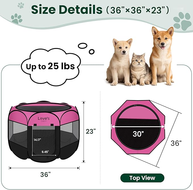 Love's cabin Pet Puppy Dog Playpen, Medium Dog Tent Crates Cage Indoor/Outdoor, Portable Playpen for Cat, Foldable Pop Up Dog Kennel Playpen with Carring Case, Removable Zipper Top, Pink