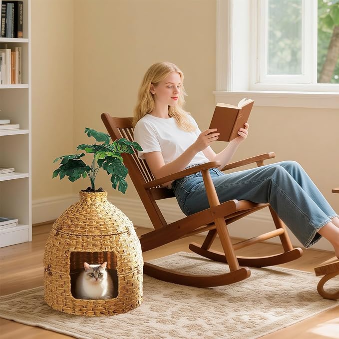 Cat Hidden Litter Box Enclosure Furniture with Artificial Plants,Handwoven Rattan with Cat Litter Box and Real Stones,in Living Room, Bedroom, Corner（Natural）