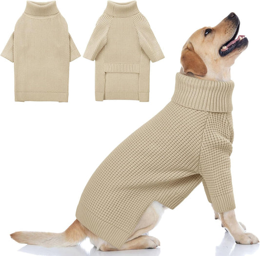 Queenmore XXL Dog Sweater, Large Dog Sweaters for Male Dogs, Turtleneck Plaid Kintsweaters for Large Breeds, Cold Weather Pullover Pet Clothes, Apricot 2XL