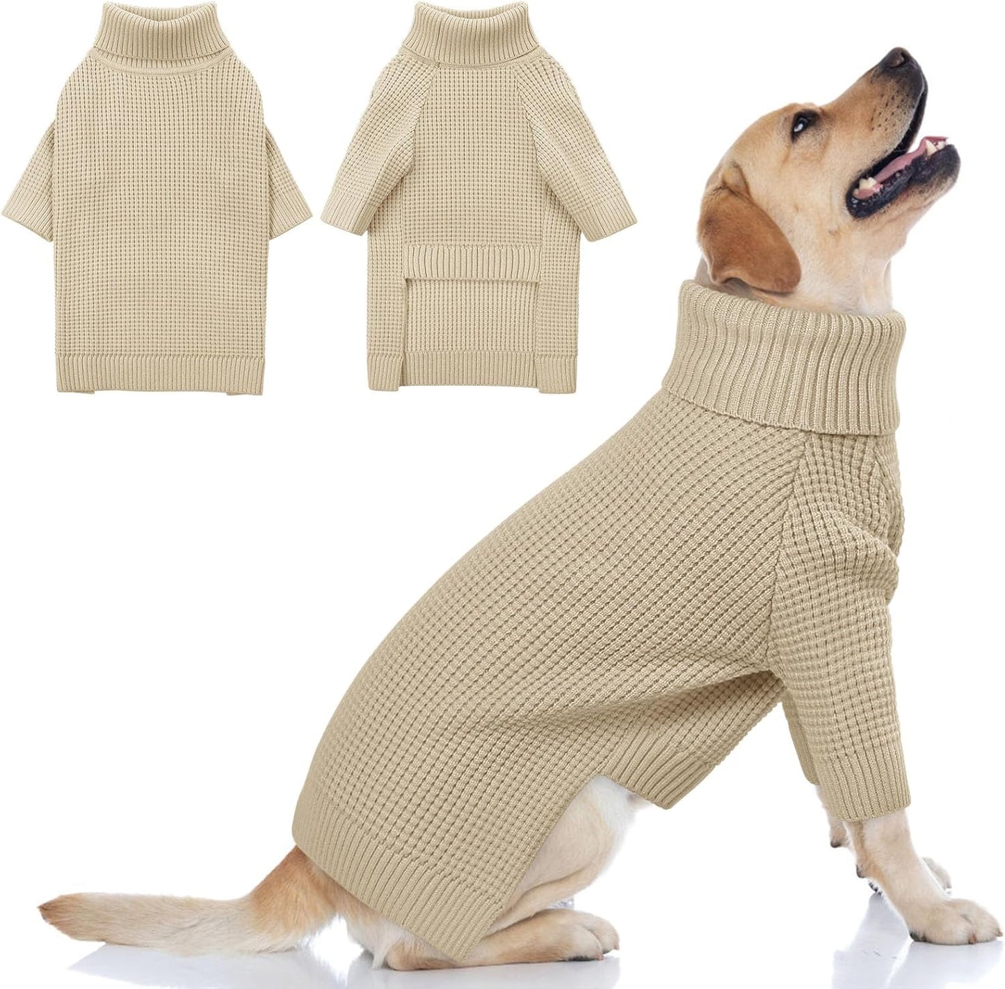 Queenmore Dog Sweater for Large Breeds, Long Sleeve Warm Dog Sweaters, Turtleneck Knitted Pullover Pet Clothes, XL Dog KintSweater, Cat Knitwear, Apricot XL